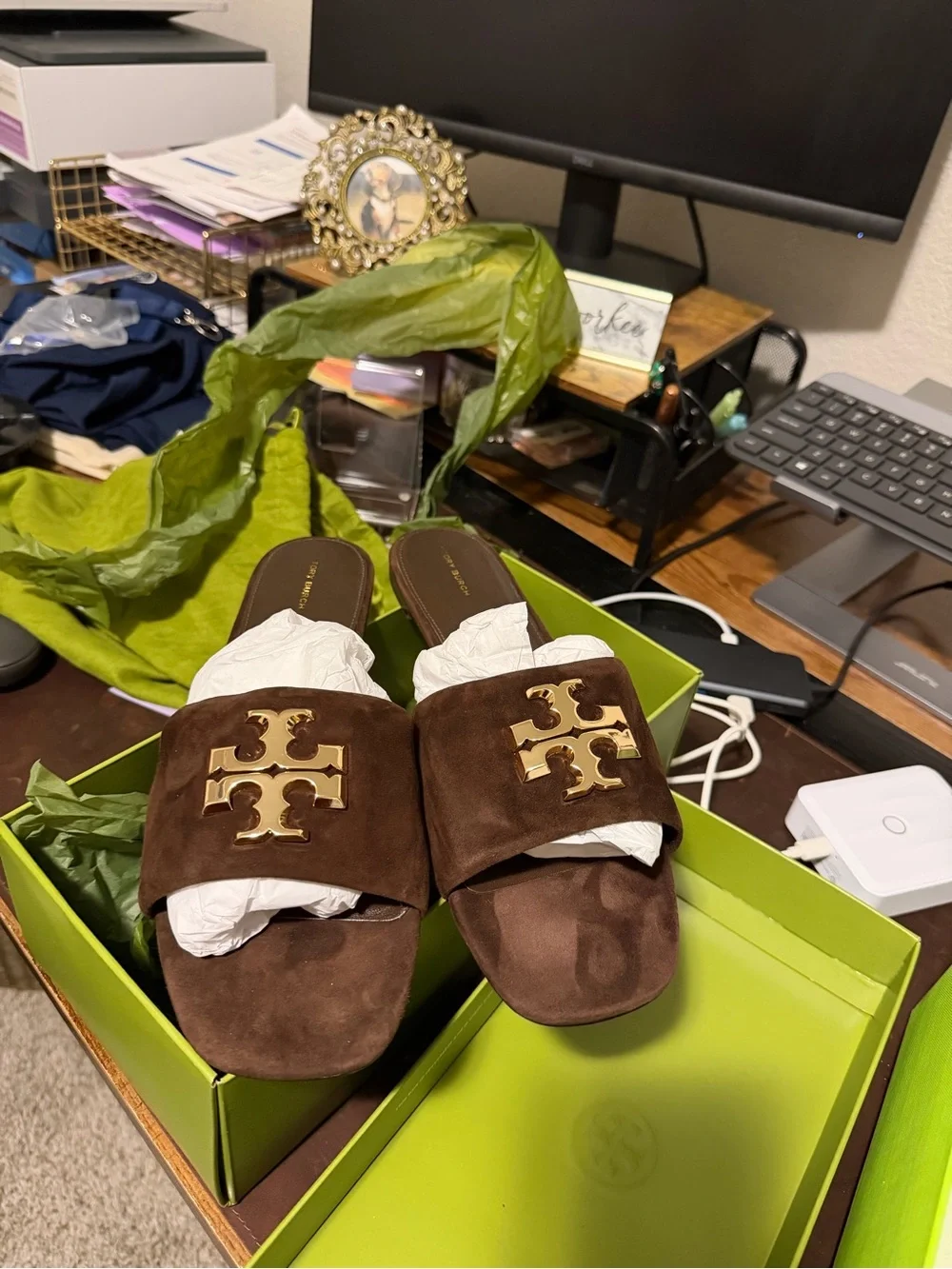 Tory Burch Dark Cocoa Slide with Gold Logo Hardware